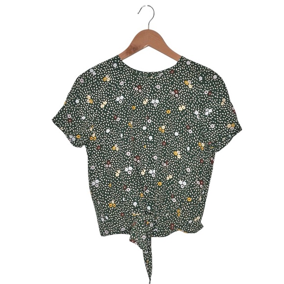Madewell Silk Button Back Front tie Shirt Size Small Olive Green Ditsy Floral - Picture 11 of 11